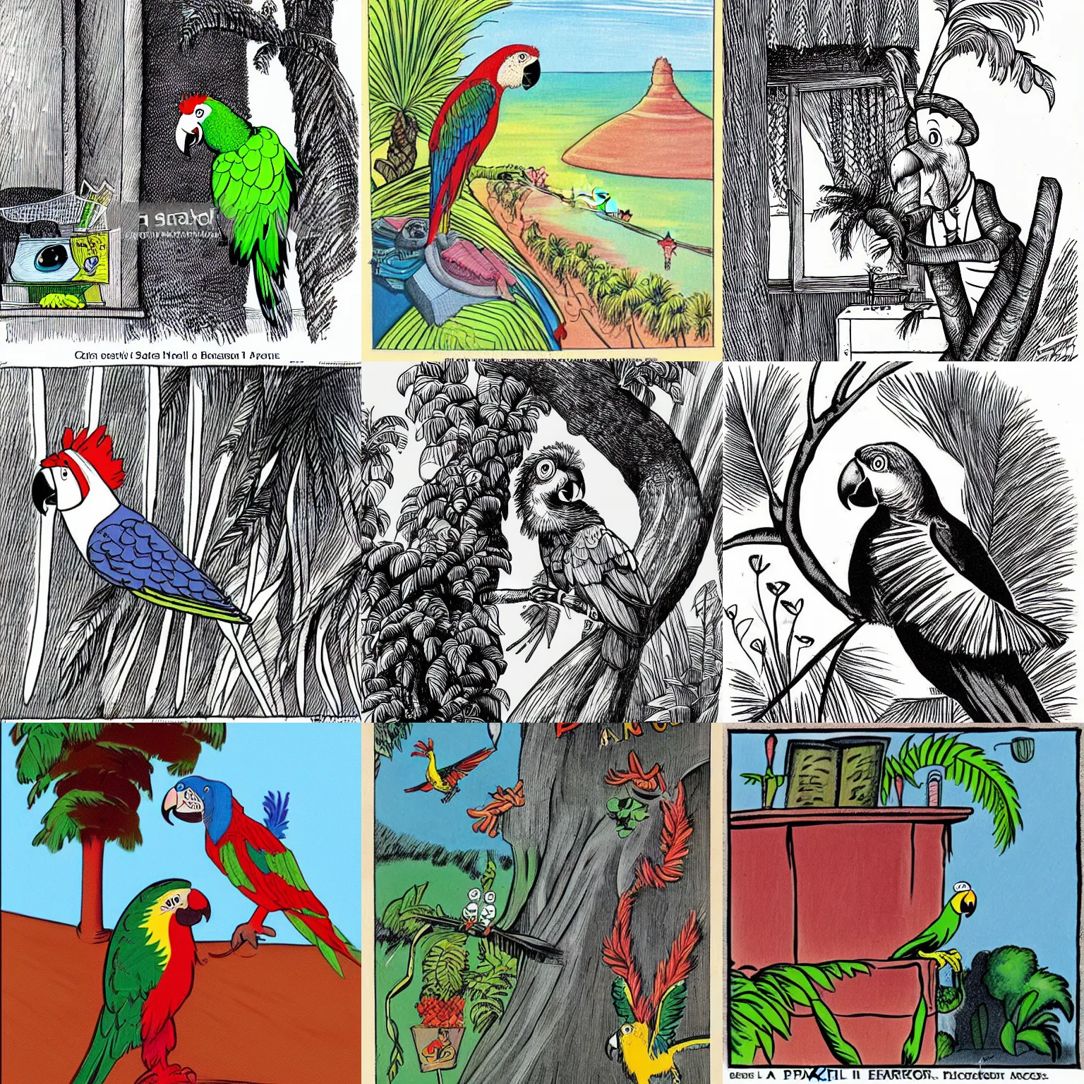 Prompt: a parrot in brazil, cartoon drawn by doctor seuss