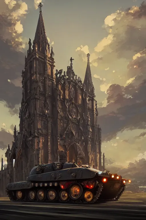 Image similar to a mobile driving ornate cathedral church as tower mounted on a tank with chain drive, warhammer 4 0, scene in an open field. key visual, conceptart, ambient lighting, highly detailed, digital painting, artstation, concept art, sharp focus, by makoto shinkai and akihiko yoshida and kris kuksi