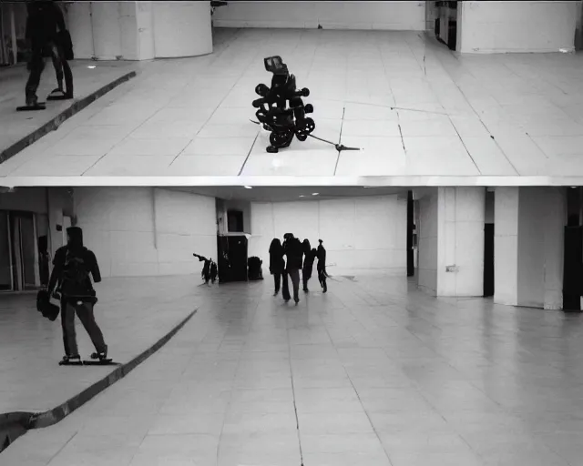 Prompt: camera footage of a Darpa Robots trying to stop skateboarders in an abandoned shopping mall, high exposure, dark, monochrome, camera, grainy, CCTV, security camera footage, timestamp, zoomed in, fish-eye lense, Robot, Skateboarding, Drone, Intense, Darpa,