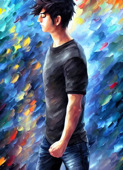 Image similar to handsome young man with short black hair, male, full detailed clothing, half body shot, arms down, path traced, highly detailed, high quality, digital painting, alena aenami, leonid afremov, lilia alvarado, shinji aramaki, karol bak