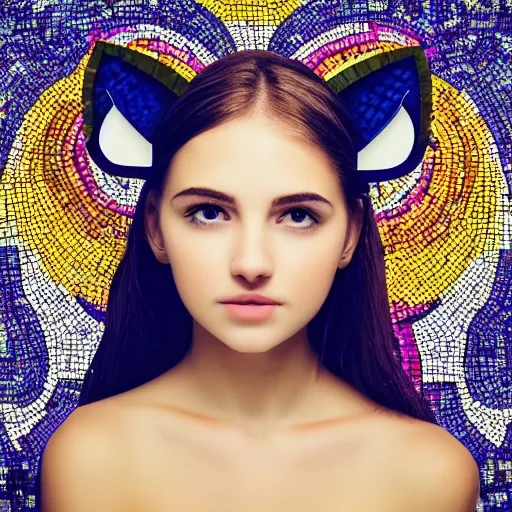 Image similar to portrait mosaic of a beautiful cute girl with robot ears and eyes, 4k, intricate details, digital, close up