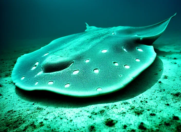 Prompt: under water stingray, water light scattering, underwater photography, high details, 8 k, realistic shot, cinematic lighting