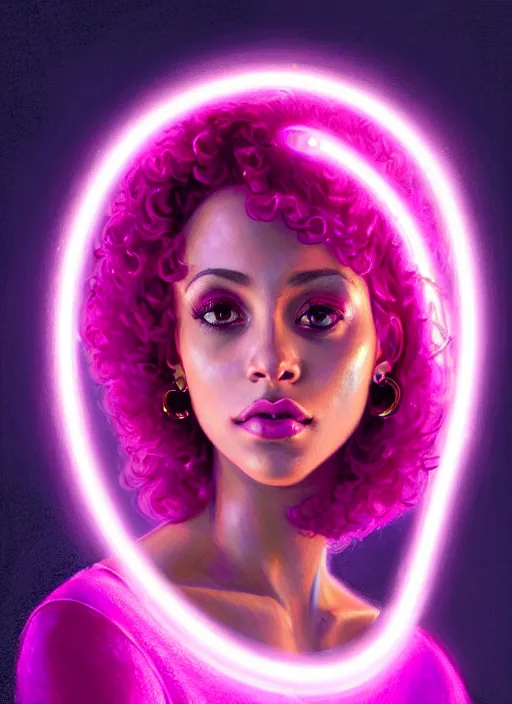 Image similar to portrait of vanessa morgan with bright pink hair, curly pixie cut hair, wearing a purple breton cap, breton cap, hoop earrings, intricate, elegant, glowing lights, highly detailed, digital painting, artstation, concept art, smooth, sharp focus, illustration, art by wlop, mars ravelo and greg rutkowski