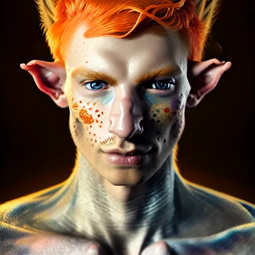 Image similar to portrait painting of an elven young man with short light orange hair and freckles and tree tattoos on his cheekbones light armor, ultra realistic, concept art, intricate details, eerie, highly detailed, photorealistic, octane render, 8 k, unreal engine. art by artgerm and greg rutkowski and charlie bowater and magali villeneuve and alphonse mucha