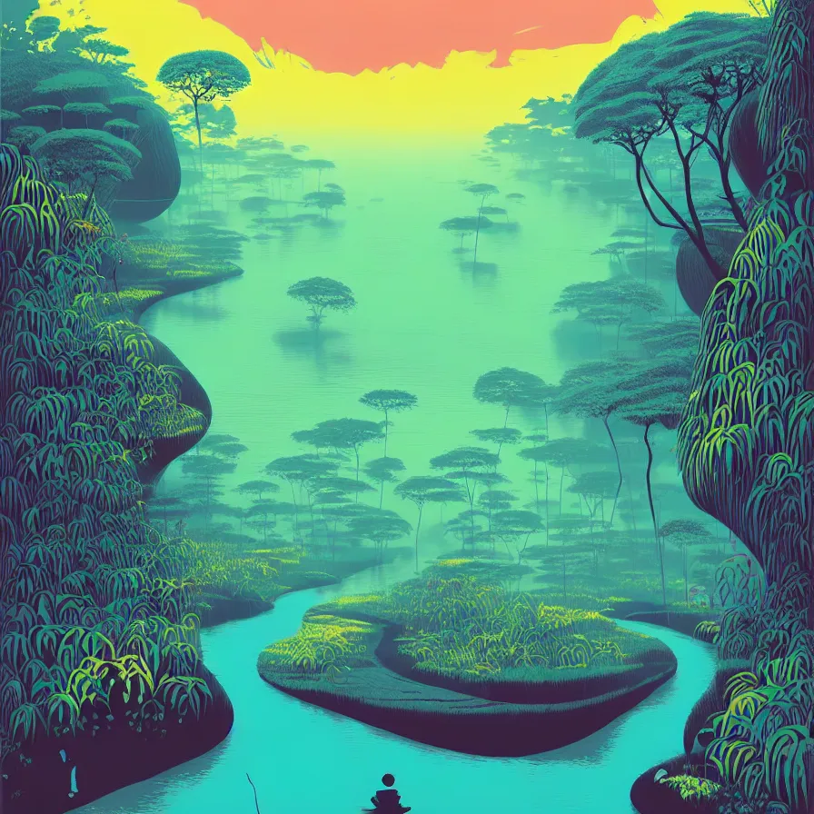 Prompt: ( ( ( gediminas pranckevicius ) ) ), river flow through borneo jungle, summer morning, very coherent and colorful high contrast art by james gilleard floralpunk screen printing woodblock, dark shadows, pastel color, hard lighting