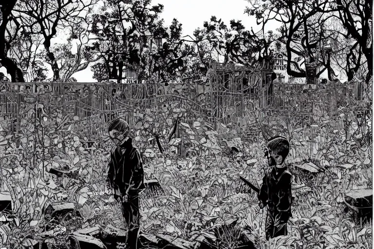 Prompt: abandoned overgrown graveyard, a child standing holding a knife, very coherent, intricate design, painting by Laurie Greasley, part by Yoji Shinkawa, part by Norman Rockwell