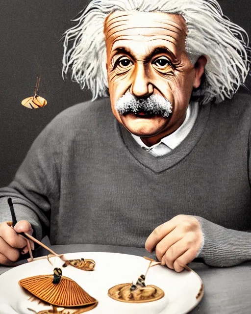 Image similar to a portrait of albert einstein sitting at the dining table with a plate containing string hopper in front of him, highly detailed, trending on artstation, bokeh, 9 0 mm, f / 1. 4