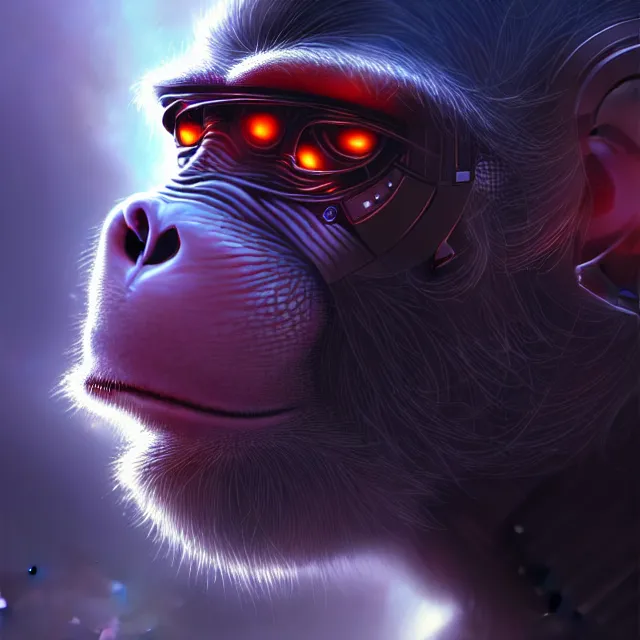 Prompt: beautiful closeup portrait of a cybernetic robotic monkey cyborg, full face portrait, centered face, atmospheric lighting, intricate, volumetric lighting, beautiful, sharp focus, ultra detailed, in the art style of bowater, charlie, brom, gerald, with cyberpunk city in the background, astrophotography