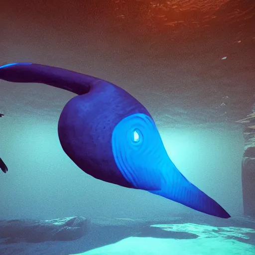 Image similar to blue whale being eaten by a cyclops underwater blue glow seaweed tiny fish wide angle unreal engine