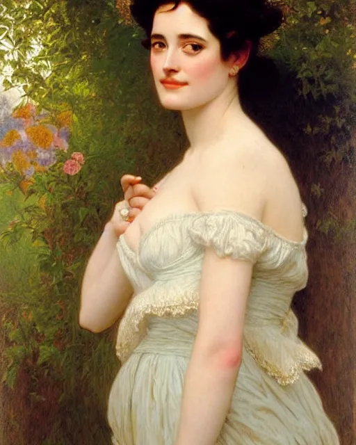 Prompt: portrait en buste of eva green vesper lynd vannessa ives by Hughes Merle, by Pierre Auguste Cot, mucha perfectly detailed eyes, realistic fabric, abundant detail