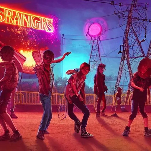 Image similar to young punk rockers fighting against zombies at the playground, by baseball bat in the retro wave stranger things style, neon colors, hyper detailed, digital art, cinematic lighting, concept art by artgerm and greg rutkowski and caravaggio and moebius and jakub rebelka, 8 k