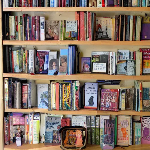 Image similar to bookseller shelves her books outsider art, collage