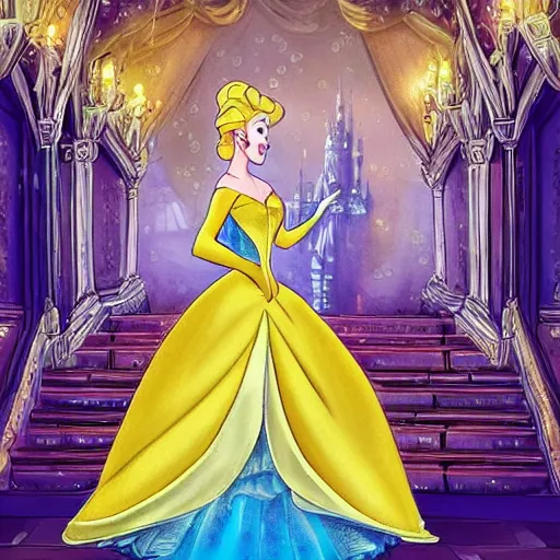 Image similar to cinderella dressed in the world's most beautiful yellow ballgown stands gracefully in the middle of a magical ballroom of a fairytale castle, spotlight on her. highly detailed fantasy art, magical realism, disney. dreamy.