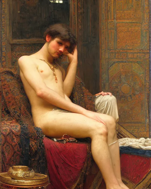 Prompt: a an exhausted artist in his studio orientalist intricate portrait by john william waterhouse and edwin longsden long and theodore ralli and nasreddine dinet, oil on canvas. cinematic, hyper realism, dramatic lighting, high detail 8 k