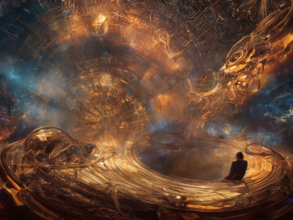 Prompt: an incredible masterpiece of a mystical dj playing a vast array of highly evolved and complex musical technology surrounded by an incredible and complex circular structure in the cosmos, by karol bak, octane render, 8 k