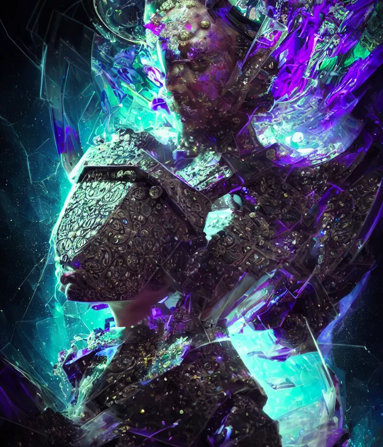 Image similar to impressive spectacular front!! shot photo of a court jester character fine portrait fine portrait mesmerizing fractal hyper cubes platinum cracked dark future hyper dimensional space galactic crystal nebula edges elegant detailed intricate concept artstation sharp focus ray tracing cinematic masterpiece temporal corruption beeple wlop germ 8 4 k scifi glossy hyper realistic illustration canon eos r 3 fujifilm x - t 3 0 sony alpha a 6 6 0 0