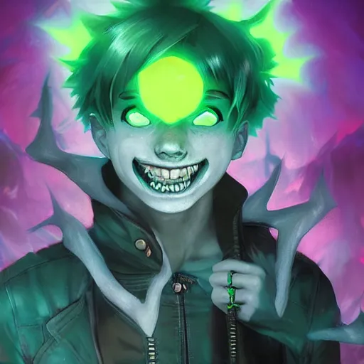 Image similar to Young Danny phantom with glowing green eyes and sharp teeth pointed fangs alt art fashion punk, art by WLOP and Charlie Bowater and WLOP and Mark Arian and Ross Tran + neon colors, symmetry,A digital matte intricate illustration concept art , intricate complexity, epic composition, magical atmosphere, highly detailed, cinematic lighting + masterpiece, trending on artstation + 8k