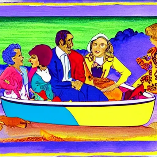 Image similar to neat illuminated manuscript by peter max. the mixed mediart of a group of well - dressed women & children enjoying a leisurely boat ride on a calm day. the women are chatting & laughing while the children play with a toy boat in the foreground.