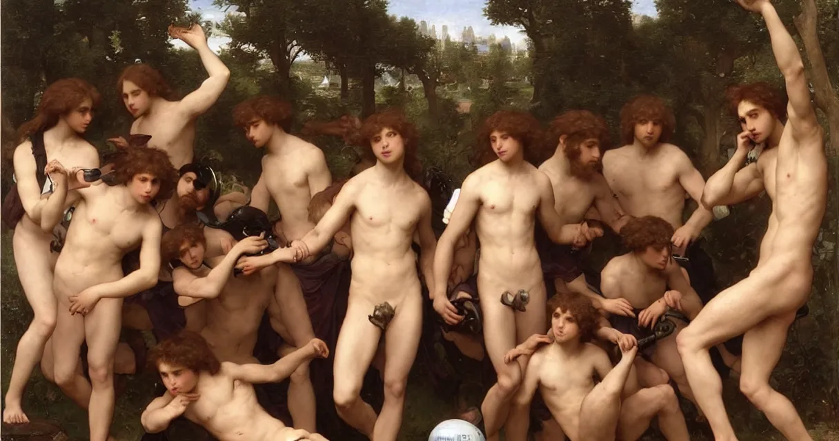 Prompt: large group of pre-Raphaelite muscular athletic male gamers wearing headsets!!!!! holding laptops!!!! playstation!!! x-box! and PC by Bouguereau and raphael