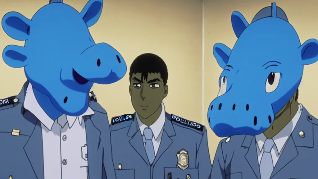 Image similar to a cop wearing a blue hippo mask standing in a police station, anime film still from the an anime directed by Katsuhiro Otomo with art direction by Salvador Dalí, wide lens