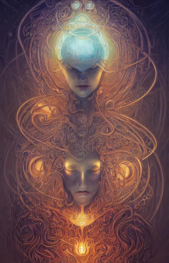 Prompt: a highly detailed beautiful portrait of a robot in the style of jean delville and in the style of peter mohrbacher. glowing rune of magical power.