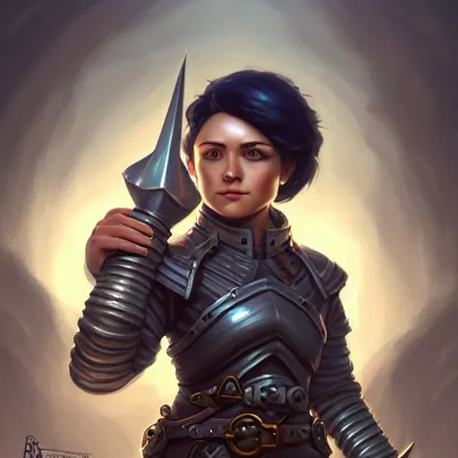 Prompt: strong female gnome engineer artificer, wearing metal gauntlet, short black hair, naval landscape, full body portrait, d & d, fantasy, intricate, elegant, highly detailed, digital painting, artstation, centred, rule of thirds, concept art, matte, sharp focus, illustration, cover by artgerm, art by greg rutkowski