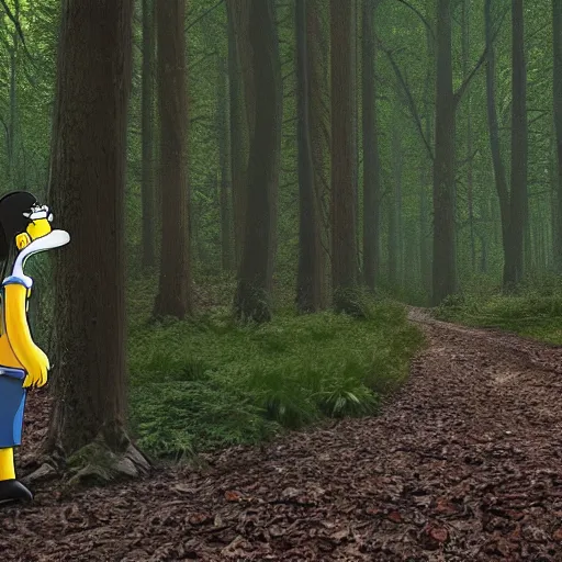 Prompt: Homer Simpson in the woods photo realistic creepy 4K