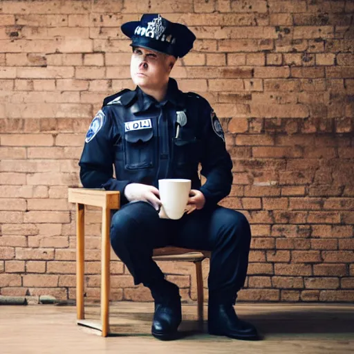 Prompt: a robotic police officer drinking tea in a coffee shop sitting down relaxed, professional photography