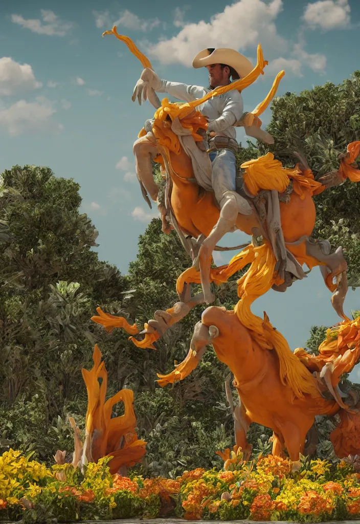 Prompt: A cowboy turning into blooms. tropical sea slugs, tractor tires. complementary colors. national geographic. 8k, rendered in octane, smooth gradients. sculpture by antonio canova