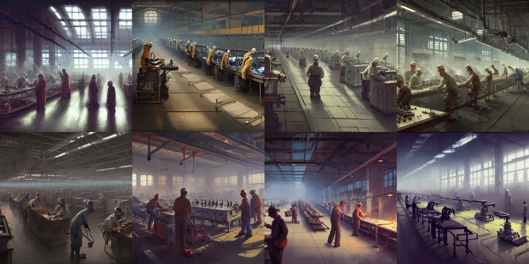 Prompt: a robotic assembly line, old fashioned factory, workers, smoke on the floor, 8k, james gurney, greg rutkowski, john howe, artstation