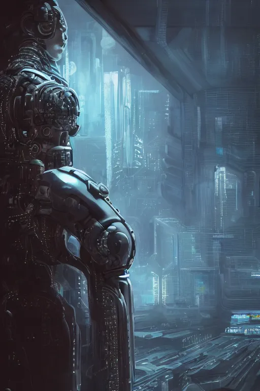 Prompt: ultra realist and ultra intricate detailed soft painting of a cyberpunk sci-fi armored male, from the waist up, porcelain skin, symmetry features, glowing blue eyes, sensual gloomy style, volumetric clouds, cyberpunk window overlooking earth in background, artstation, unreal render, depth of field