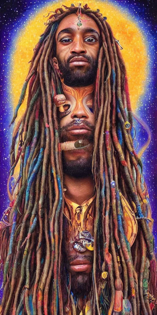 Image similar to a high hyper detailed ultrarealistic painting with many complex textures of man with long dreadlocks making music in the cosmos, cosmic surreal psychedelic magic realism spiritual art