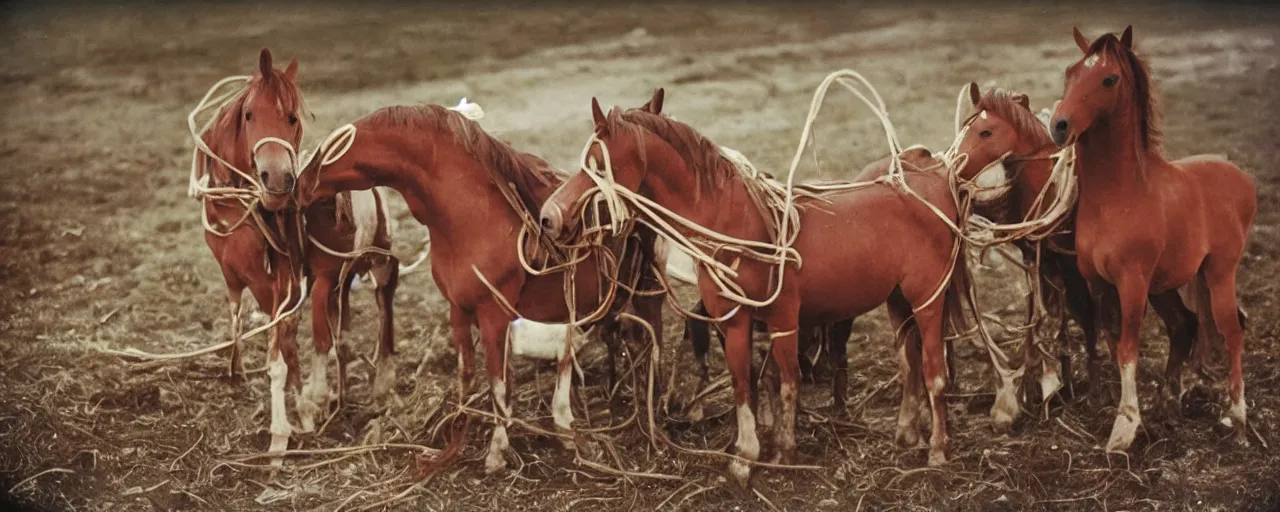 Image similar to horses eat spaghetti, world war 1, canon 5 0 mm, kodachrome, in the style of wes anderson, retro