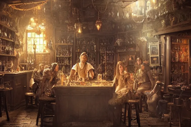 Prompt: Beautiful hyperrealistic detailed matte portrait painting of an elf in a tavern that looks like it's from lord of the rings and bazaar by greg rutkowski, andreas rocha and john howe, and Martin Johnson Heade,featured on artstation, ultrawide angle,f16 , golden ratio, f32, well composed, cohesive