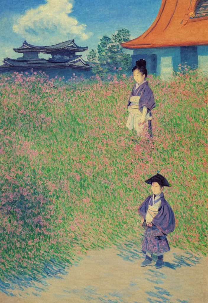 Image similar to tiny samurai in front of a futuristic japanese country side landscape, edo era house in the background, blue sky, magnificient clouds, lofi vibe, vivide colors, amazing light, really beautiful nature, oil painting, impressionist style, by claude monet, by ghibli, by kandinsky, multiple brush strokes, masterpiece