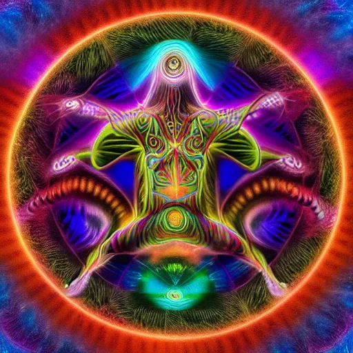 Prompt: hallucionational imaginery spirits, gaia, jesus, shaman mystic fractal visions, symmetrical, in the style of pablo amaringo, alex grey, psychedelic, beautiful, imaginative, octane render