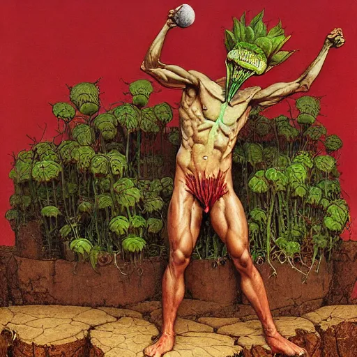 Image similar to Ripped Physique Portrait of a Venus Flytrap Guy wearing a Venus Flytrap costume plant disguised as a human standing atop a red clay pot greg rutkowski anna podedworna arthur rackham salvador dali octavio ocampo jacek yerka winslow homer norman rockwell inio asano prismacolor tombow quill