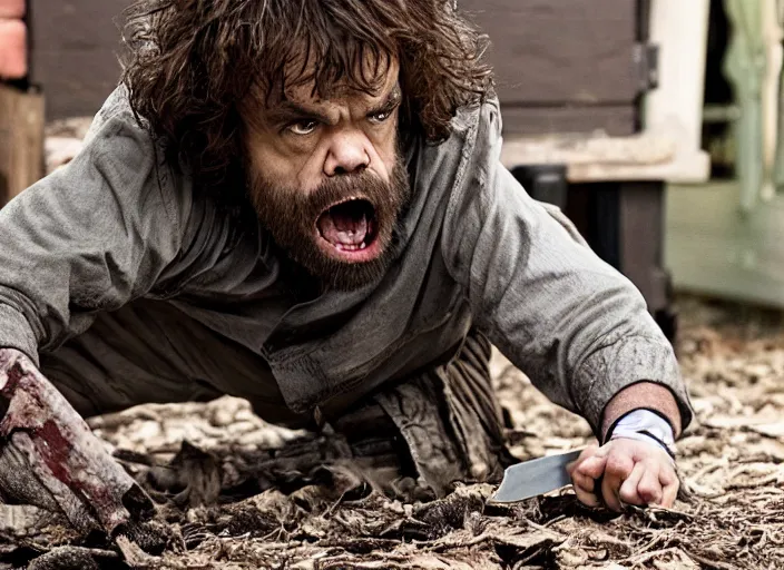 Image similar to peter dinklage crawling from under a porch with a knife in his mouth at night, movie still, from the new sweet home alabama movie, 8 k, realistic