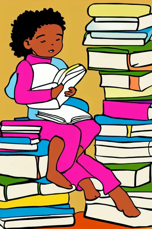 Prompt: a little girl sits cross legged on top of a tall pile of books. she is reading. clean pretty cartoon painting, 2 d, flat colors, beautiful detailed face.