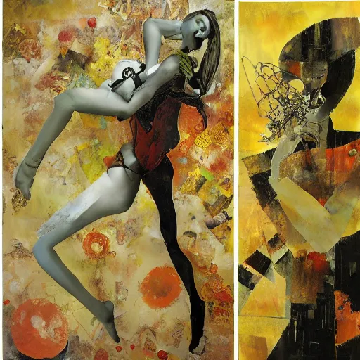 Image similar to tango, collage and oil on canvas by dave mckean and yoshitaka amano