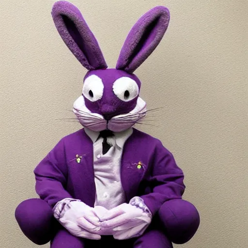 Prompt: a mascot of a purple bunny,creepy,eerie,scary,realistic