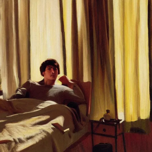 Prompt: Harold knight painting of zach efron posing in a studio wrapped in bed sheets,