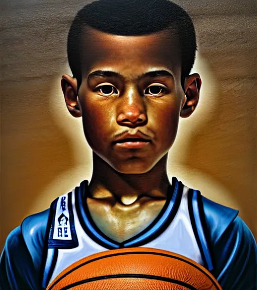 Image similar to portrait of a boy at a basketball court playing basketball wearing a basketball uniform in a basketball court standing near the basketball hoop, painted in 1842, intense emotion, detailed facial expression, detailed surroundings, intricate, elegant, highly detailed, centered, digital painting, artstation, concept art, smooth, sharp focus, illustration, by (Peter Mohrbacher), WLOP