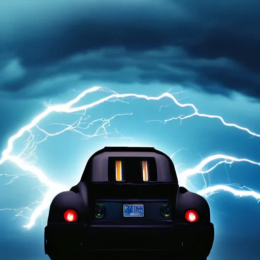 Image similar to futuristic flying car inside a circle made of lightning in the sky, thunderstorm at night, 28mm dramatic photo