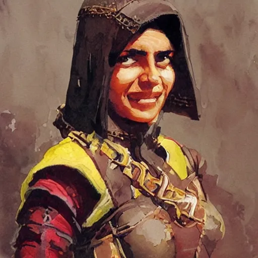 Prompt: a medieval hunter woman from india, cheeky smile, umber color scheme, fantasy character portrait by John Berkey