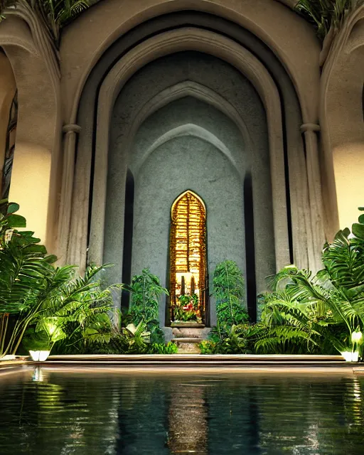 Image similar to cathedral interior with koi pond in the middle surrounded by palm trees, ivy, flowers, tropical plants, roses, and with archways. rendered in octane render with photorealistic lighting