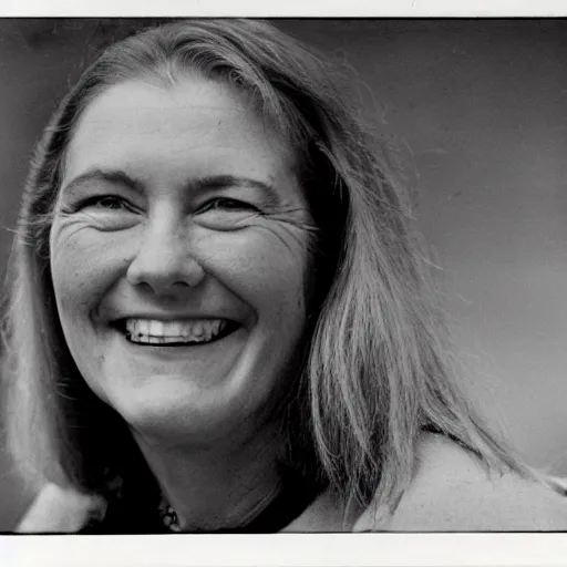 Image similar to cathy wood smiling. Closeup photo