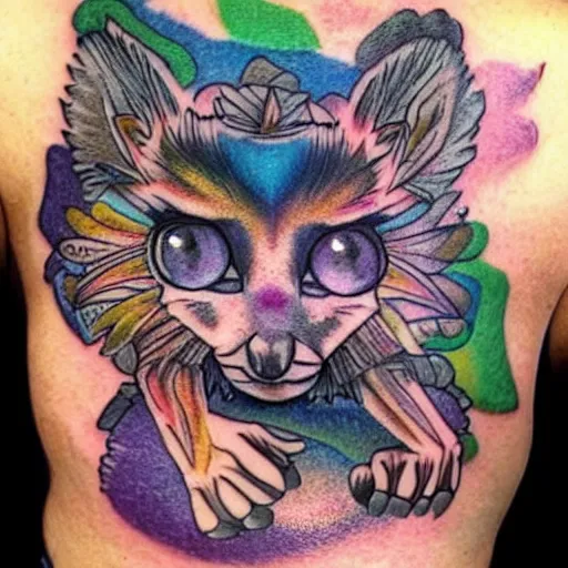 Prompt: shoulder tattoo of a multicolored trippy furry bushbaby with rainbow colored spiral eyes, surrounded with colorful shrooms and flowers, insanely integrate