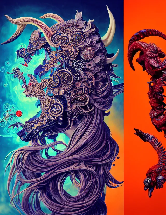 Image similar to 3 d goddess close - up profile portrait of satanic with ram skull. beautiful intricately detailed japanese crow kitsune mask and clasical japanese kimono. betta fish, jellyfish phoenix, bio luminescent, plasma, ice, water, wind, creature, artwork by tooth wu and wlop and beeple and greg rutkowski