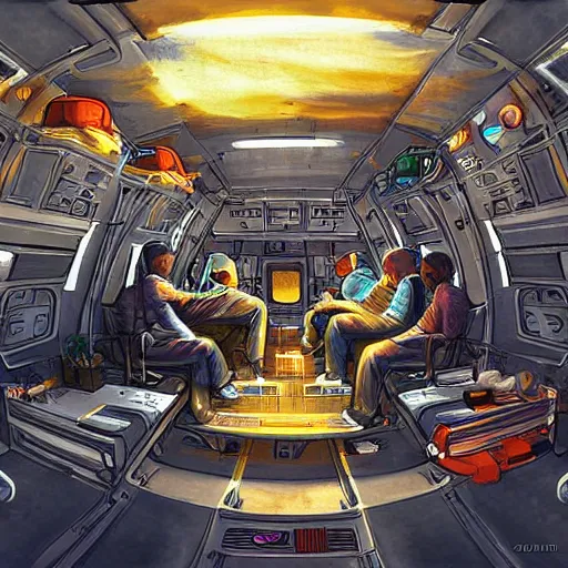 Prompt: the young crew prepare the multiverse hopper van ship for takeoff, digital art, stunning detail